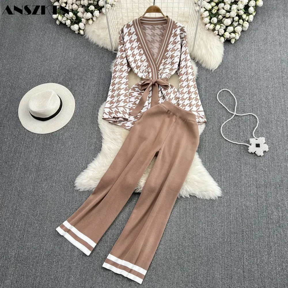 ANSZKTN suit lady temperament V-neck plaid check waist tie up top sweater high waist wide leg pants two-piece