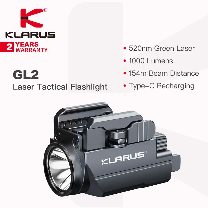 

Klarus GL2 Tactical Flashlight with Green Laser, 1000 Lumens Compatible with Glock and Picatinny Rail, Type-C Direct Recharging