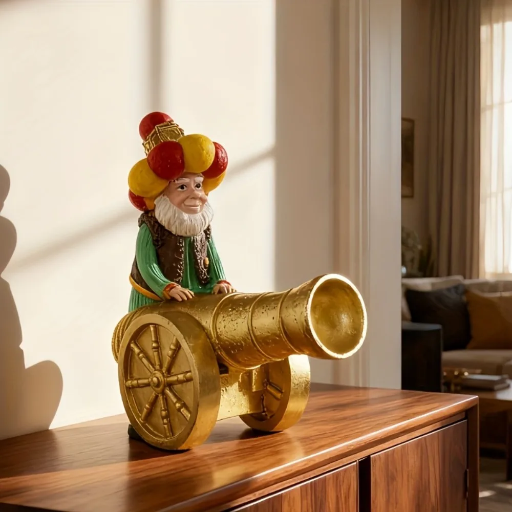 

Middle Eastern Old for Man Cannon Decoration Vintage Golden Cannon Statue with Traditional Attire Resin Indoor/Outdoor Decor