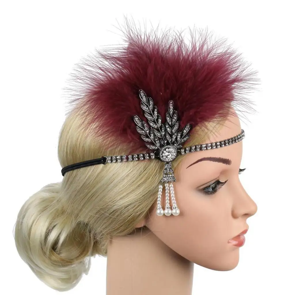 

1920s Vintage Feather Headband Pearl Elastic Crystal Hairband Beaded Church