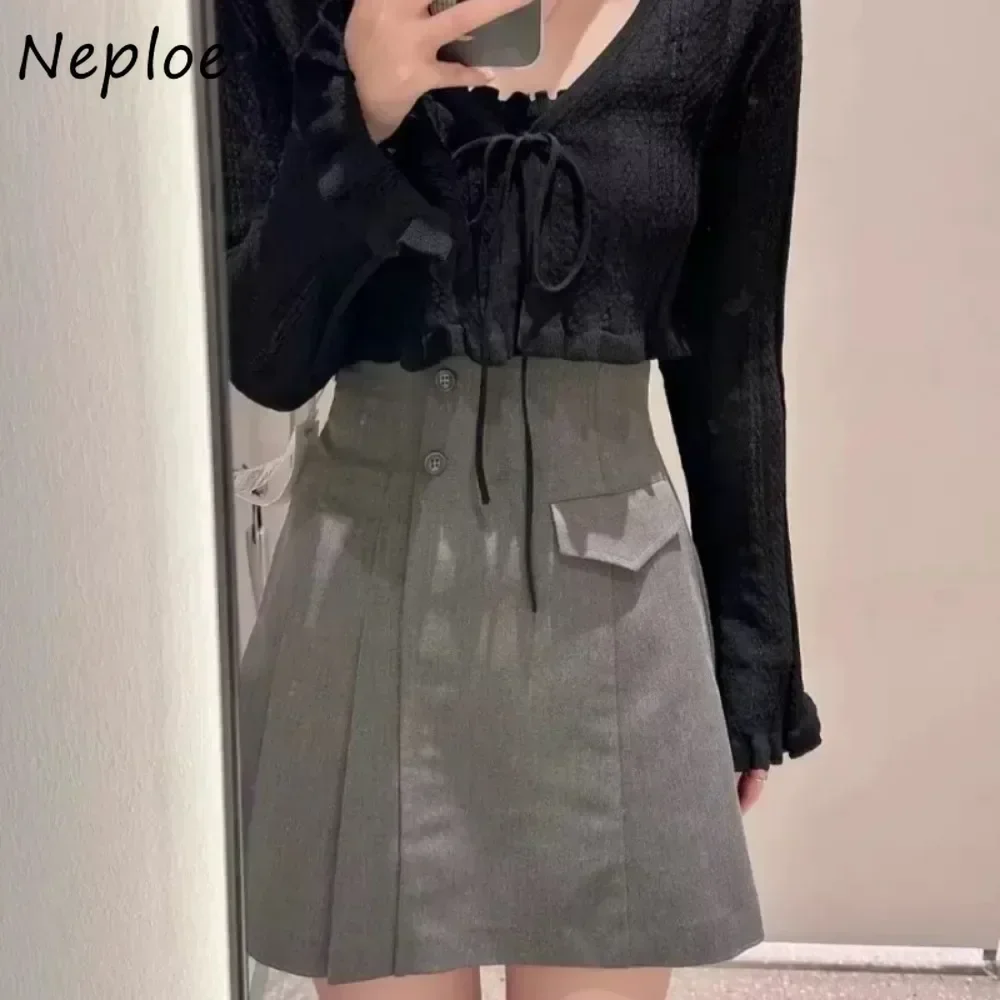 

Neploe Sweet High Waist Ruched All-match Skirt A-line Asymmetric Zip Casual Women Falda Japan New Moda Slim Fit Mujer Faldas