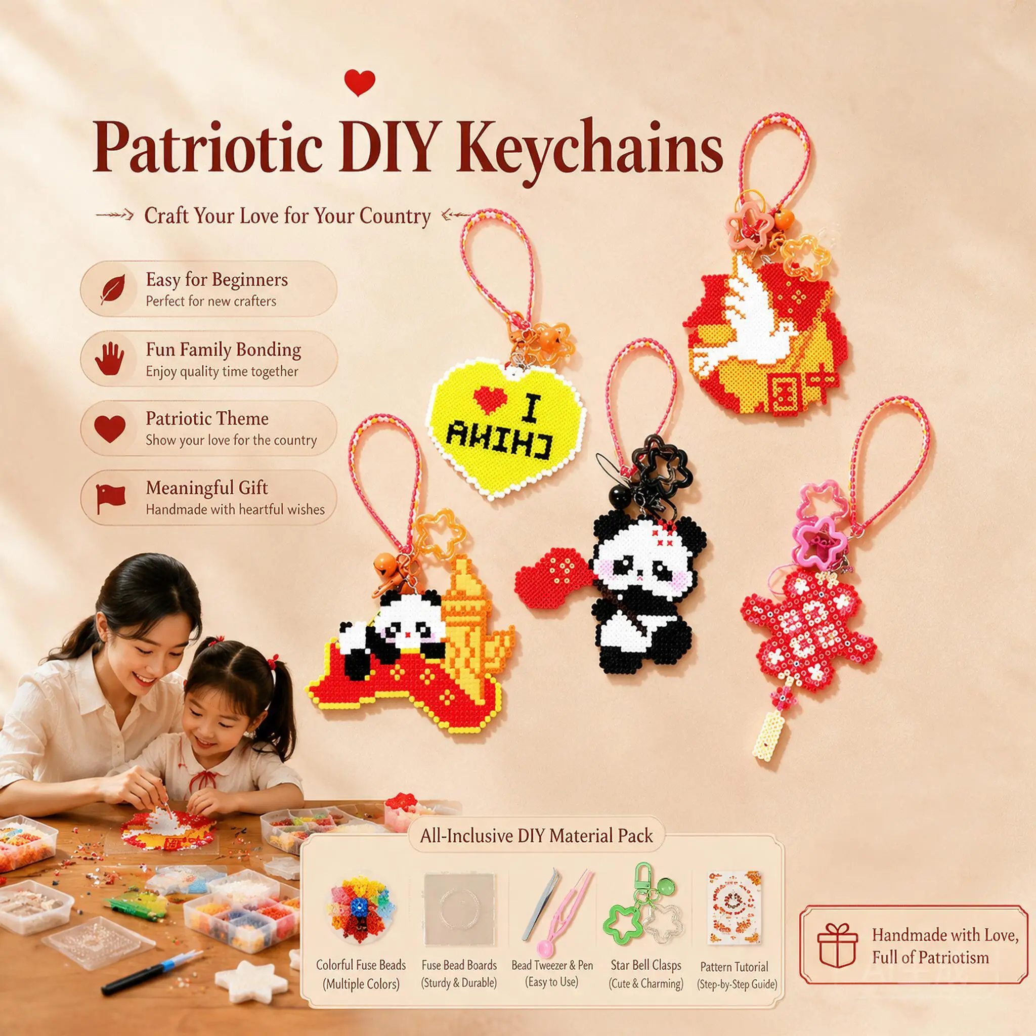 Patriotic Red Themed Fuse Beads Diy Keychain Pendant Kit Cute Panda Melty Beads Craft Set For School Team Building Activity Gift