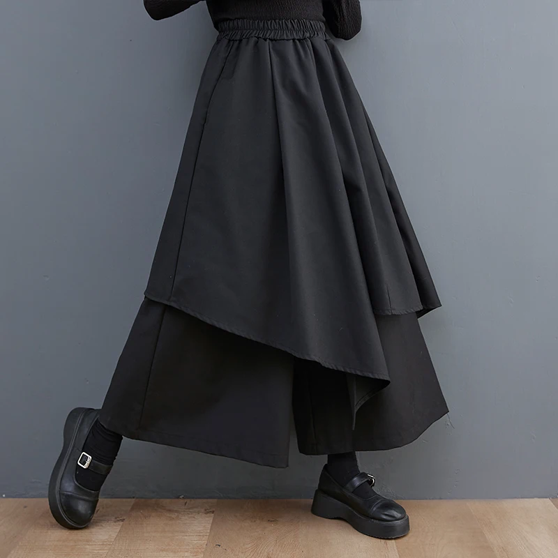 Black Multi-layer Asymmetrical Wide Leg Pants Elastic Waist New Chinese Style Spring Summer Autumn Fashion Ladies Casual Pants