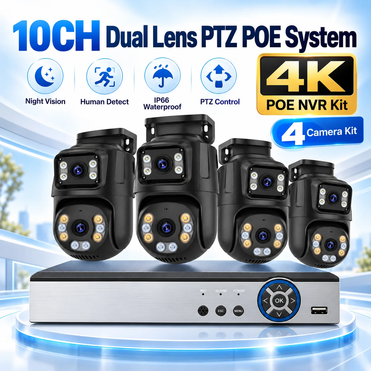 Outdoor Security NVR Kit 4K Dual Screen PoE IP Camera Pan Tilt Control Smart Human Detection Color Night View Two Way Audio IP66