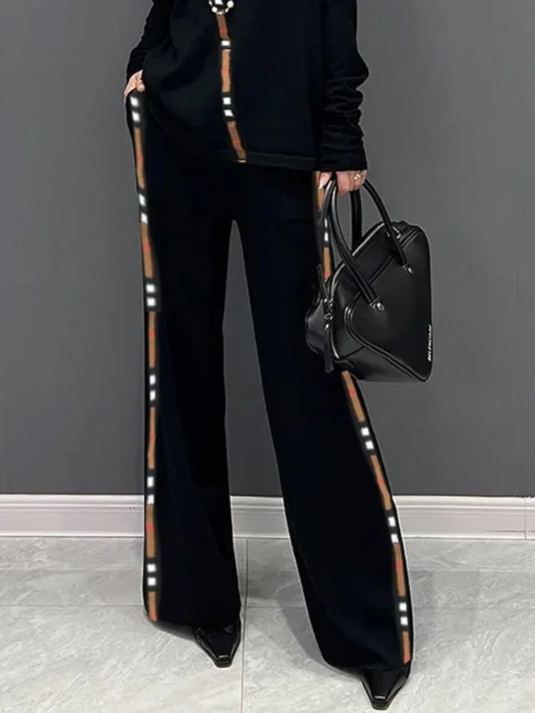 Freeacy 2025 Spring New Women's Long Pants Elastic High Waist Wide Leg Trousers Side-striped Casual Streetwear Commuter Pants