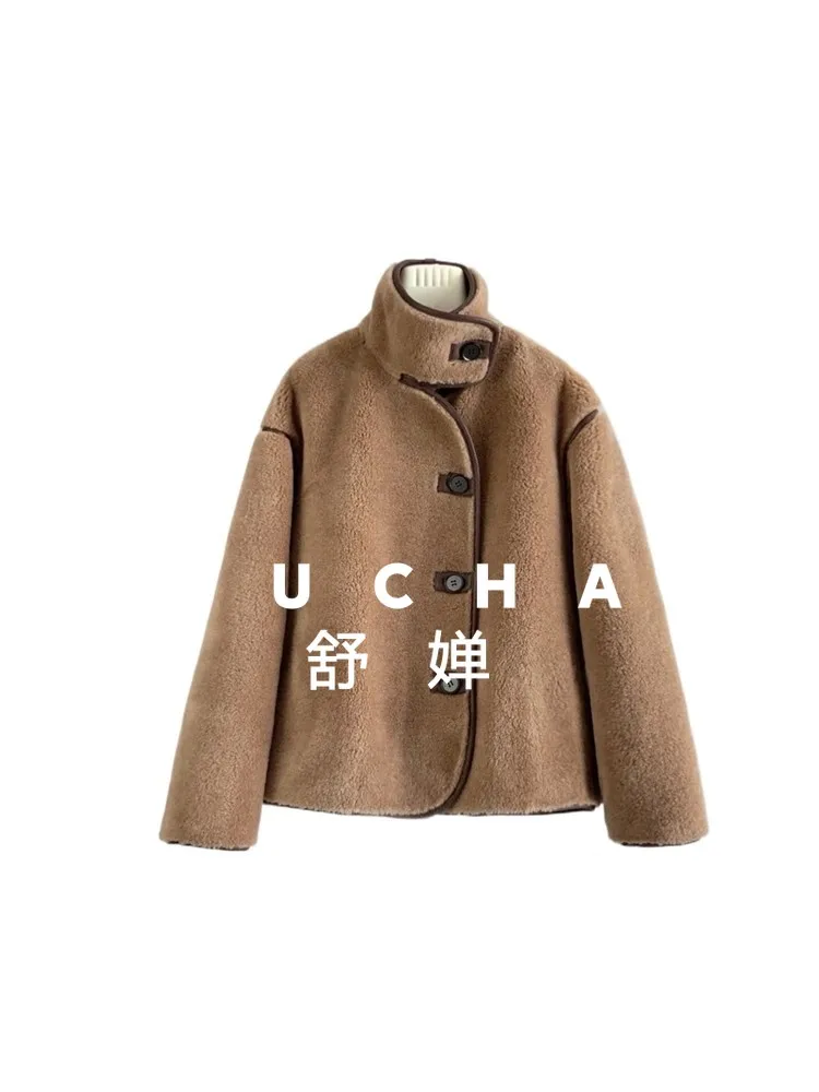 100% Wool Coat Women New Warm Jacket Stand-up Collar Short Lamb Wool  Casaco Feminino Inverno 2025