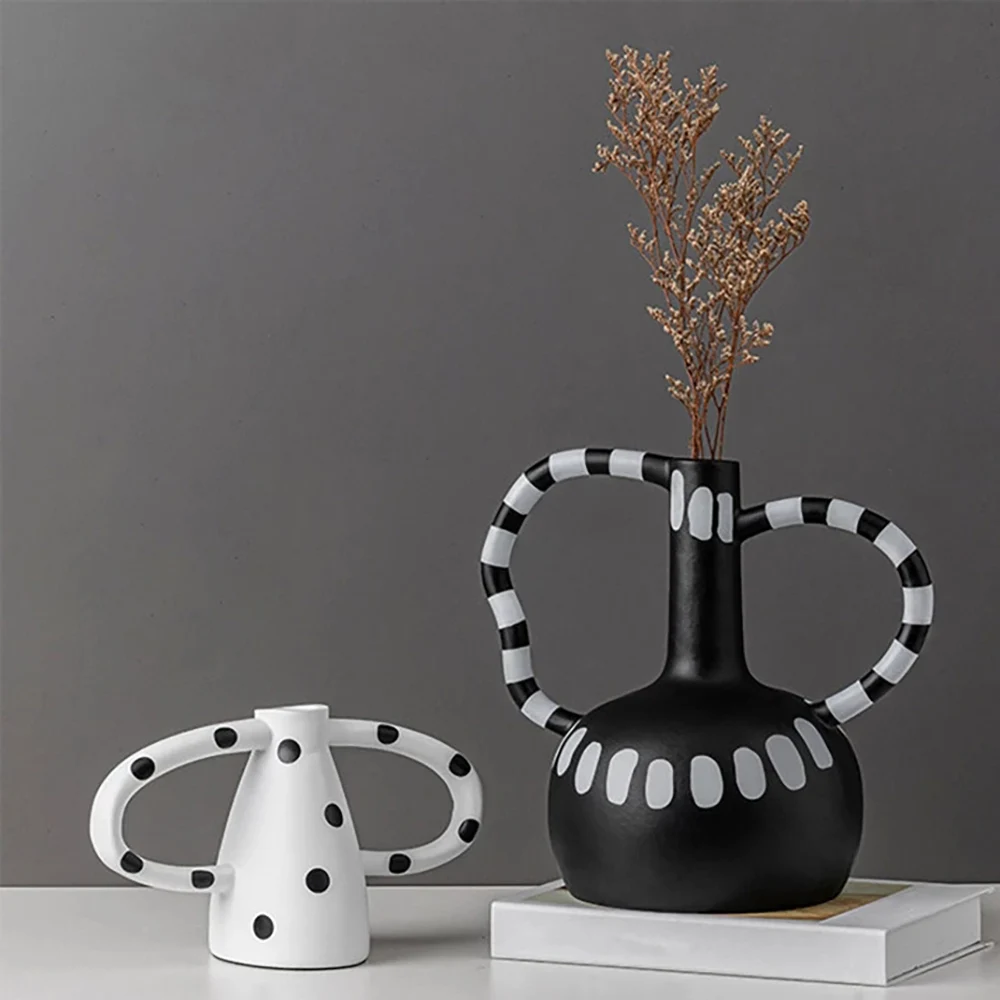【COMELY】1PCS Reative Resin Vase Black And White Spots Wave Point Flower Arrangement Abstract Handicraft For Home Decoration