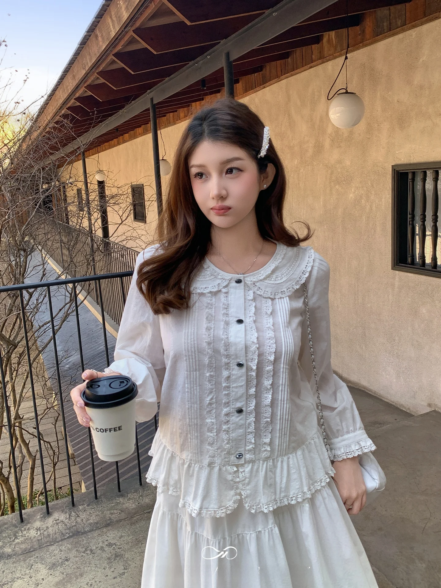 

Mashixi Heavyweight Lace Trimmed Babydoll Collar Shirt plus Size Loose Fit Versatile Spring Top for plus Size Women Casual St...