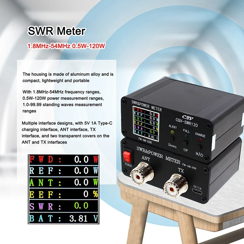 

CQV-SWR120 120W SWR Wave Meter SWR Meter High Standing Wave Alarm Function 240 X 240 Full Color Display FM-AM-SSB