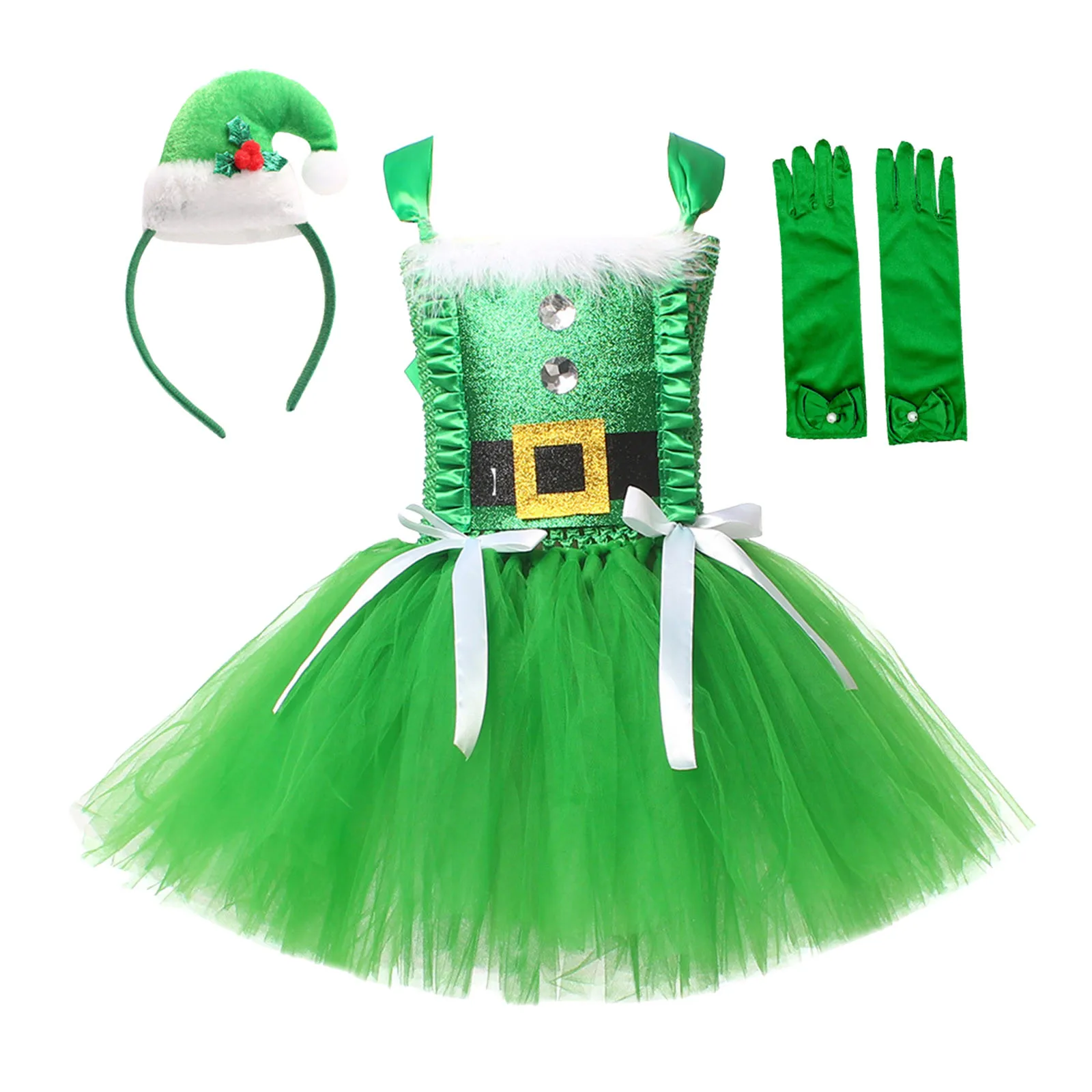 Sparkly Christmas Elf Tutu Dress for Girls Santa Claus Costumes for Kids Birthday Halloween Outfit Children Xmas Holiday Clothes