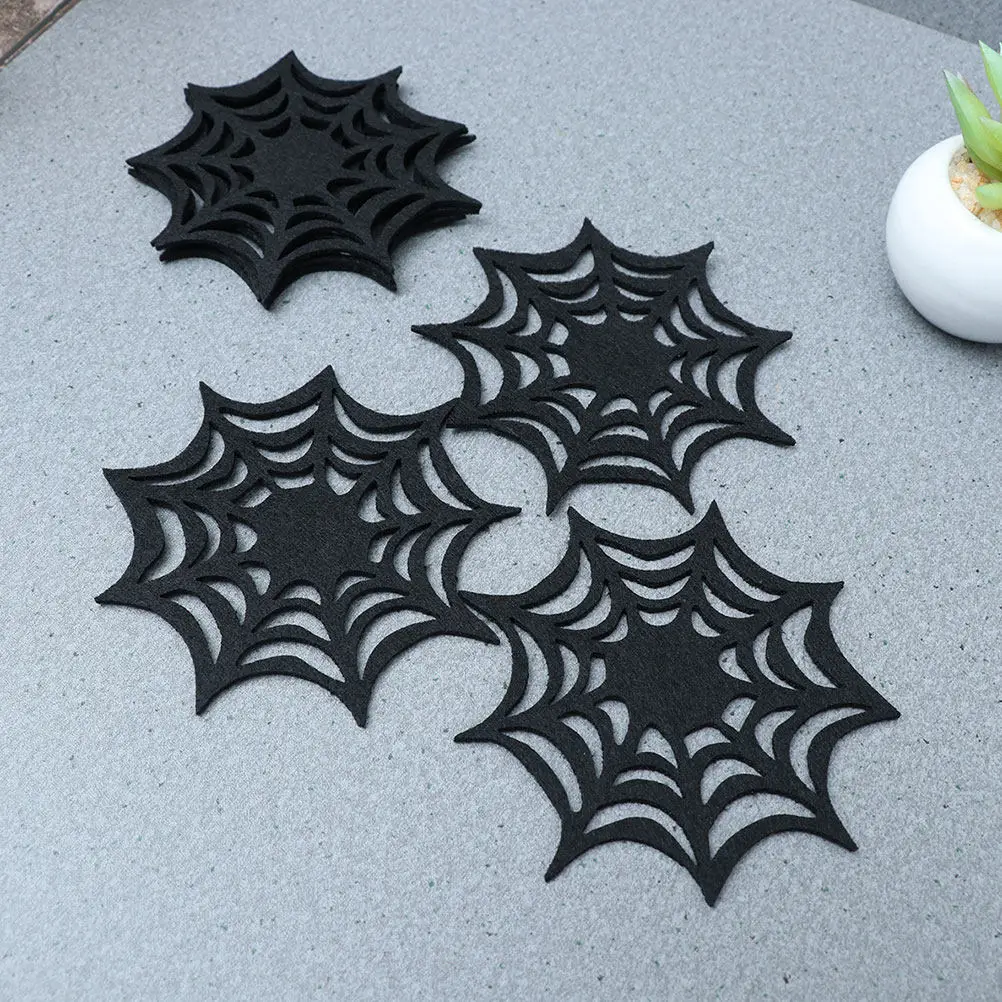 9Pcs Black Spider Web Felt Coasters Halloween Table Decoration Set Reusable Heat Insulating Drink Pads for Home and Party
