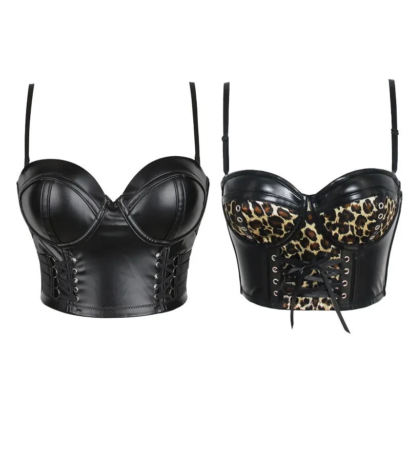 

Женский корсет, укороченный топ, готический черный леопардовый искусственная кожа, пуш-ап, корсет с завышенной талией, бюстгальтер-бюстье с бретелями, модная уличная одежда