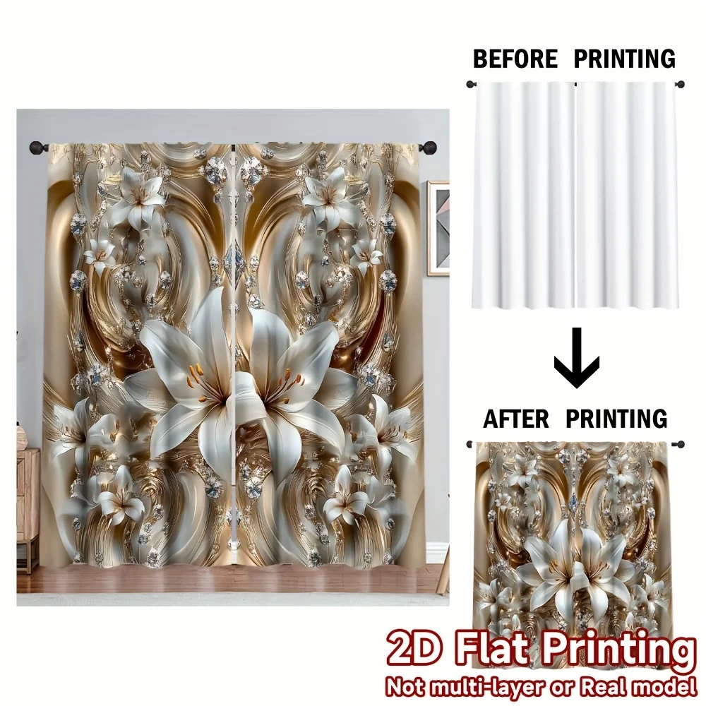 Elegant Lily Curtains 2pcs, 2D Flat Print 100% Polyester Rod Pocket Machine Washable for Kitchen Living Room Office Decor