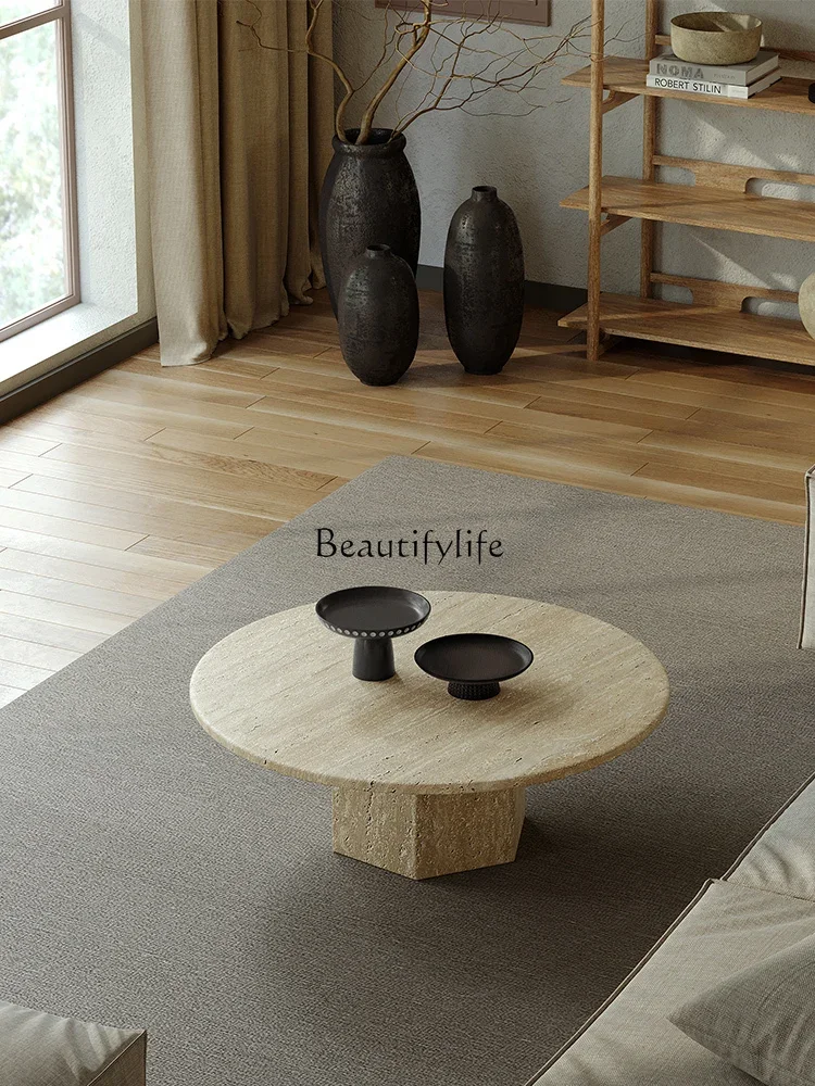 

Wabi Sandy Wind Beige Natural Travertine Coffee Table B & B Living Room Household Marble Round Low Table