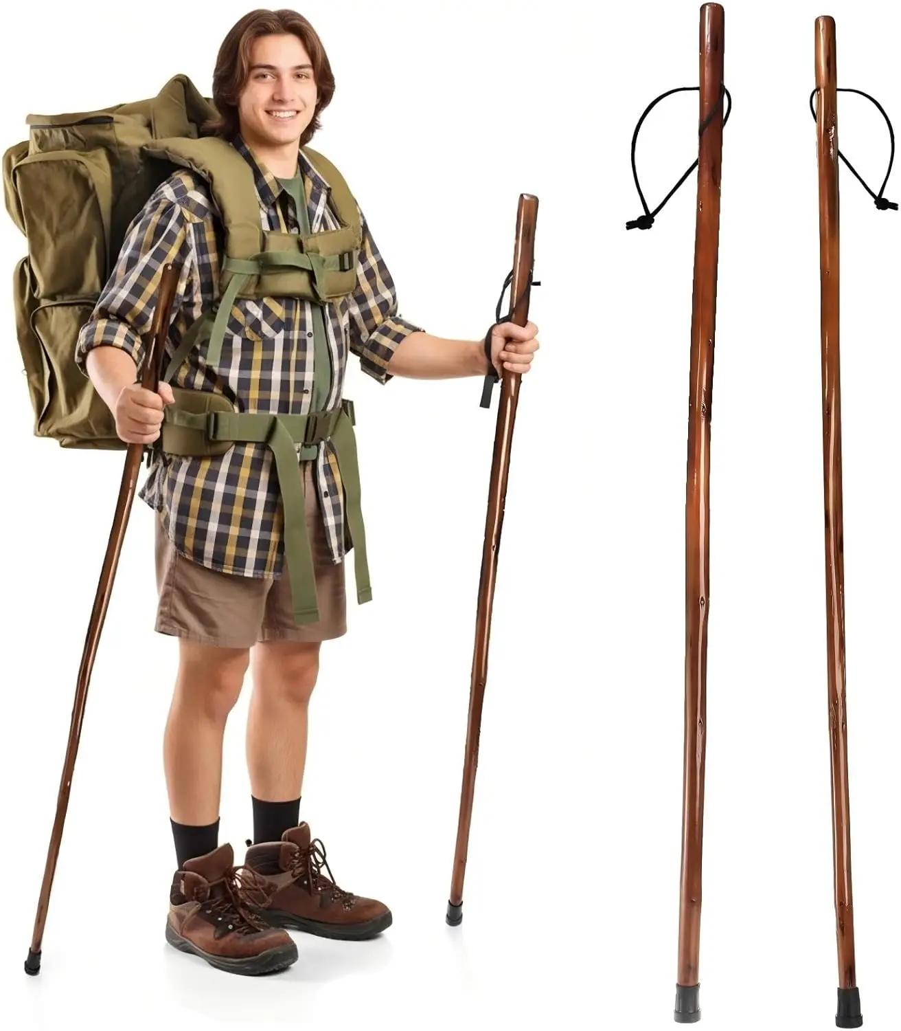 

Набор из 2 тростей из натурального дерева, 48 дюймов, из кедрового дерева, с ремешком на запястье и резиновым наконечником, для походов и активного отдыха на природе