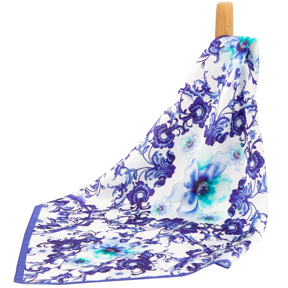 

100% Pure Silk Bandana Female Hair Scarf Classic Chinese Blue Flower Handkerchief Top Natural Silk Women Headband Pocket Square