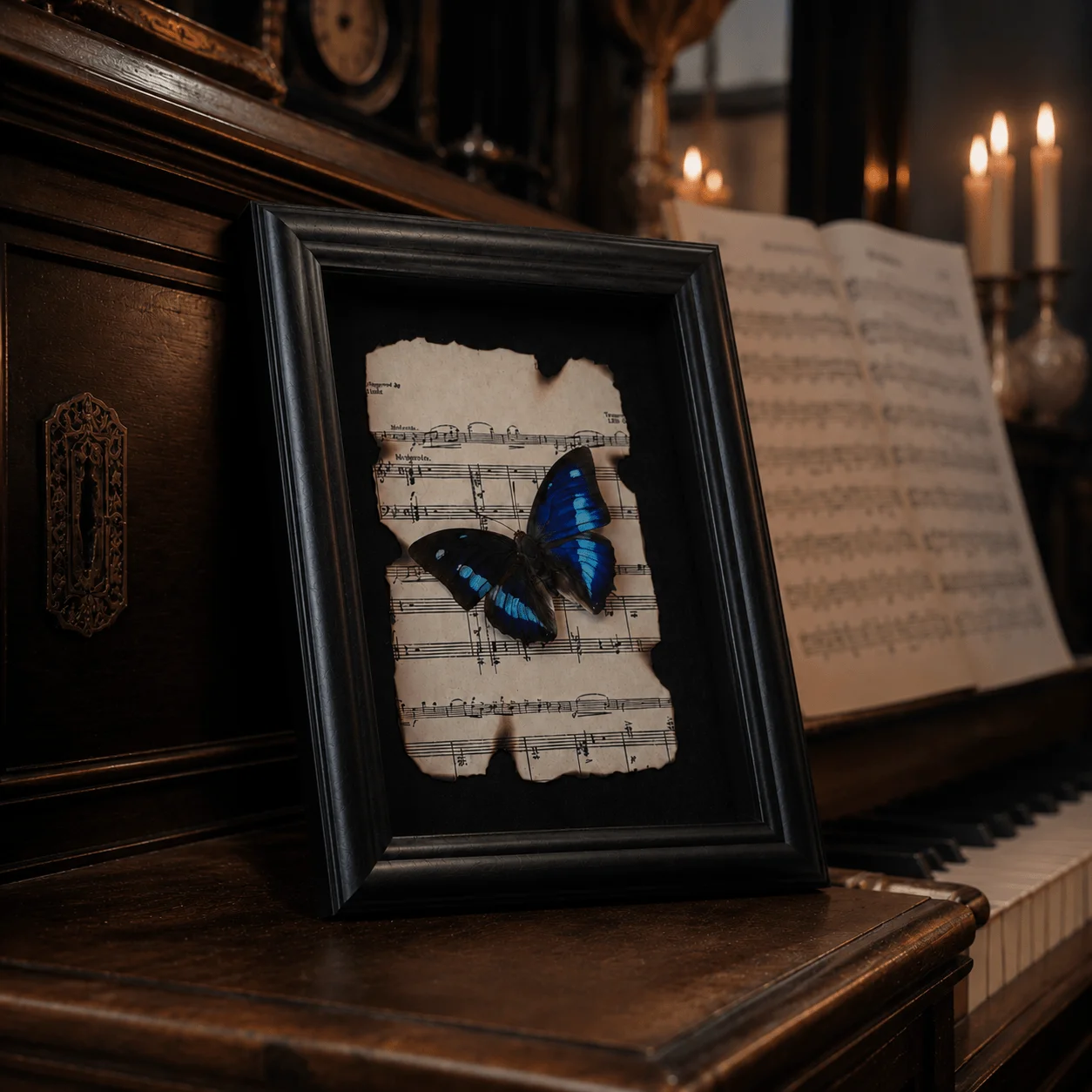 Framed Polygrapha Cyanea Butterfly, Blue Wing with Vintage Score, Classical Study and Office Decor