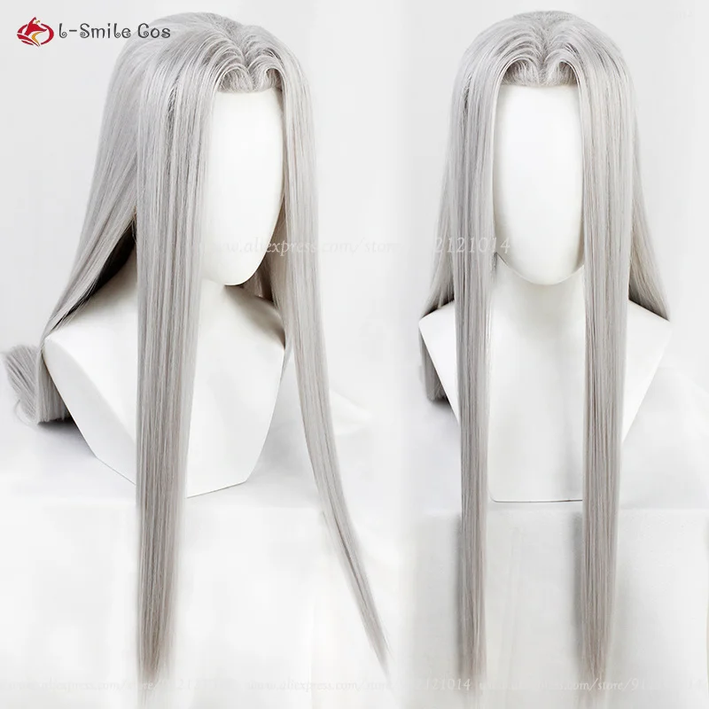 

FF7 Sephiroth Wigs Silver Grey 100cm Long Anime Wig Heat Resistance Synthetic Hair Halloween Cosplay Wigs + Wig Cap