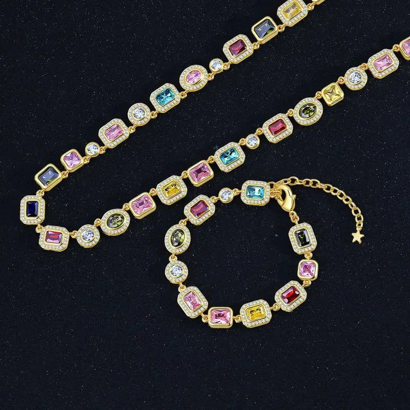Bright street hip hop men multi‑color cushion cut gem tennis set adjustable necklace bracelet for male party streetwear looks