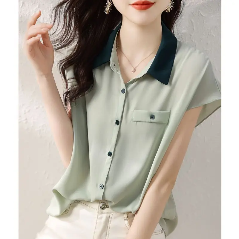 contrast color Polo-Neck chiffon Blouses short sleeve women\'s summer New Korean loose casual patchwork Single-breasted shirts