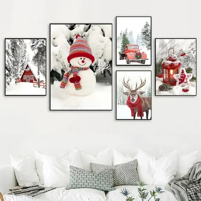 Christmas Snowman Scarf Moose Squirrel Art Poster Pine Tree Carrying Lamp Snow House Wall Art Canvas Painting Bedroom Decorat