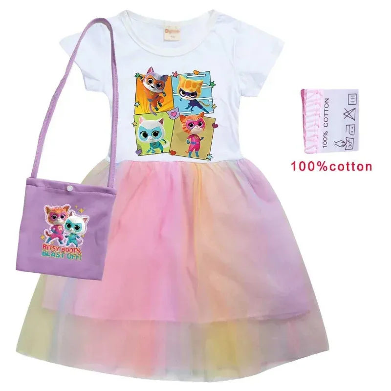 Sky03 Vestido de cosplay para niñas, vestidos de súper gatitos con bolsa y diadema para disfraz de supergatitos, manga corta para niñas 55Hu %