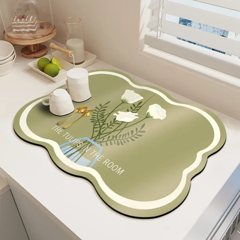 

Countertop Dish Cup Drying Mat Kitchen Tableware Draining Pad Absorbent Printed Coffee Machine Drain Mat Table Placemat Decor