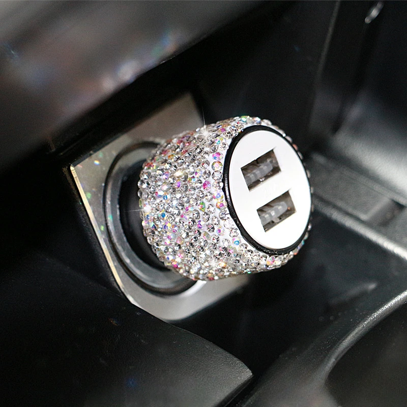 Diamond-encrusted Car Hammer Dual USB Charger Diamond-encrusted Car Cigarette Lighter USB Diamond-encrusted Charger Accessories