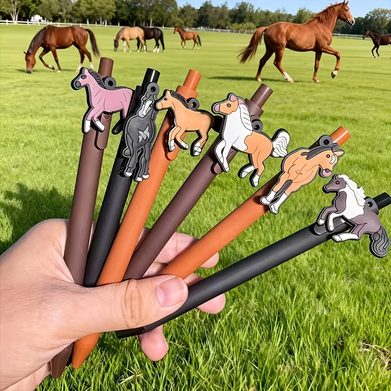 8pcs horse shaped patch themed ballpoint pens, random style (2 pens+6 pen cores), student writing gift pens