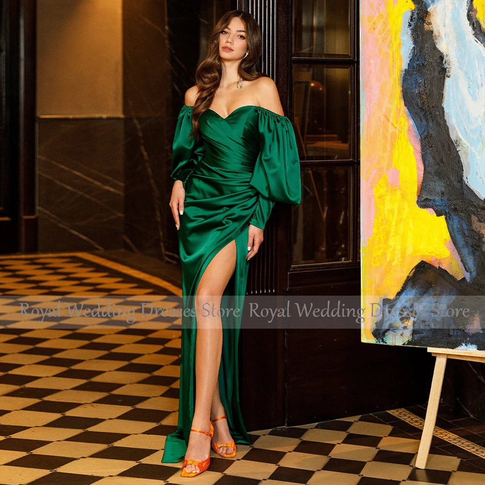 2023 Women\'s Evening Dress Green Satin Off the Shoulder Sheath  Gowns Long Puff Sleeves Side Slit Sexy Prom Party Dresses