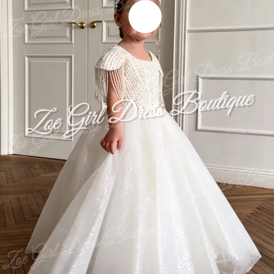 White Beaded Pearl Tassel Glitter Flower Girl Dress for Kids First Holy Communion Pageant Birthday Party Gowns Customized
