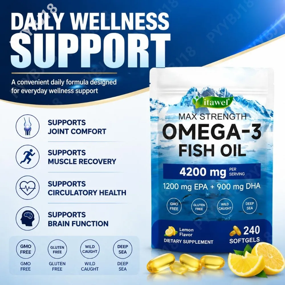 Omega-3 Fish Oil Softgels with 1200mg EPA & 900mg DHA Joint Comfort Muscle Recovery Circulatory Brain Support Lemon Flavor 240Ct