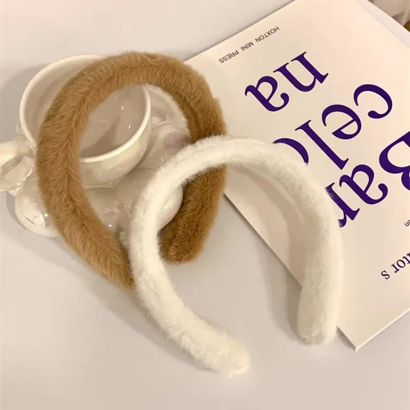 Winter Plush Hair Bands for Women Girls Korean Fashion Solid Wide Rabbit Fur Hairbands Sweet Furry Hair Hoop Hair Accessories