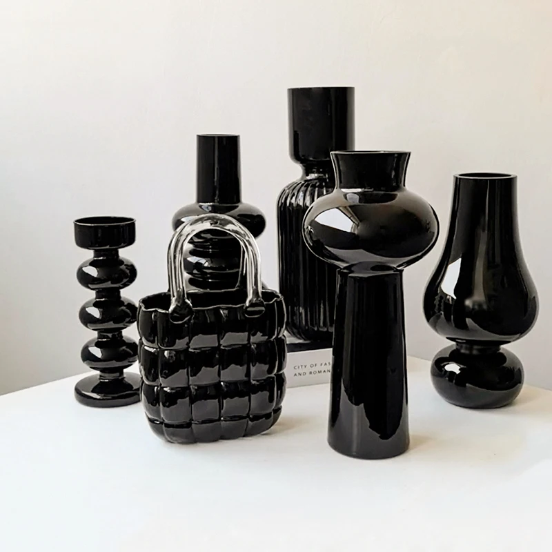 Vintage Black Glass Vase - Retro Home Decorative Vase for Fresh Dried Flowers Living Room Table Centerpiece