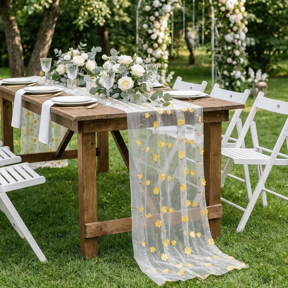DIY Craft Romantic Tulle Table Runner 3D Embroidery Semi-Transparent Gauze Table Flag Vintage Table Cover Countryside Party