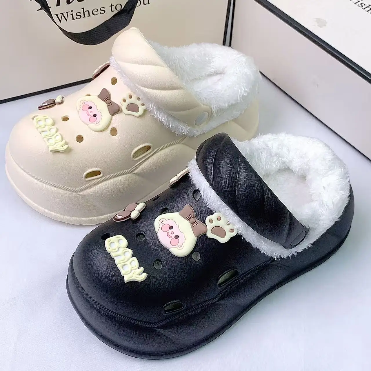 New Style Furry Slippers for Women, Plush Clogs with Holes, Princess Rabbit Thick-Soled Clogs, Non-Slip, Elevated, Warm, Soft, Suitable for Outdoor and Indoor Use