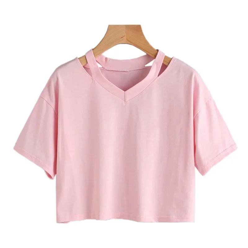 European and American solid color Off shoulder hollow sexy solid color T-shirt V-neck women's short sleeved loose women's top