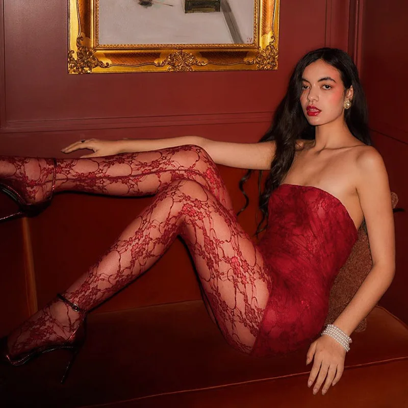 

Sexy Red Lace Transparent Wrap Chest Dr And Tights Set for Par And Club Wear Polyester Blend Summer Faion Outfit