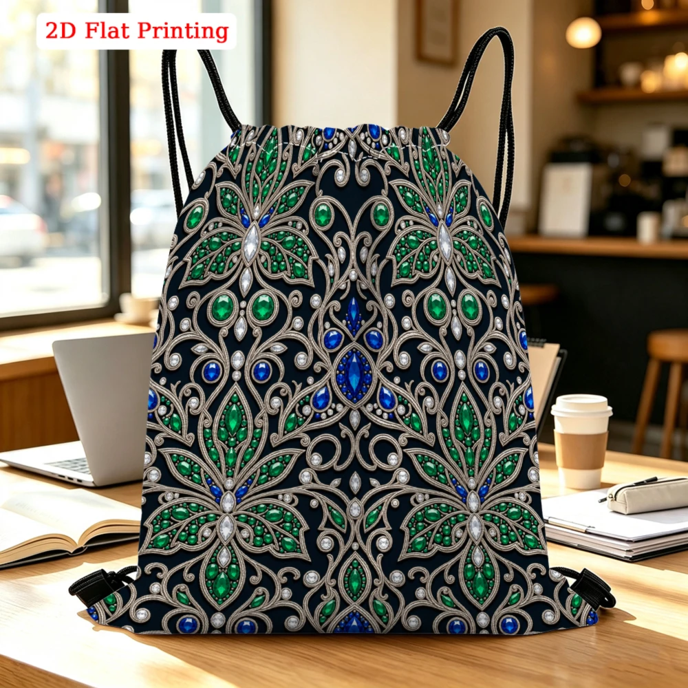 Ornate Green Blue Jewel Pattern Drawstring Backpack, Travel Shoe Bag, Fitness Sports Backpack, Travel Outdoor Drawstring Bag