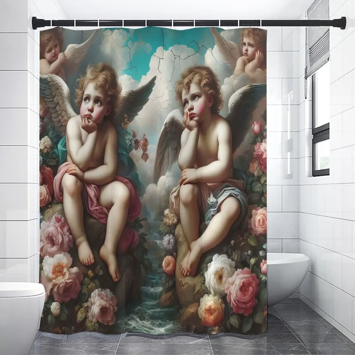 Beautiful Angelic Nursery Shower Curtain Floral Baby Art Bathroom Decor Waterproof Shower Curtain