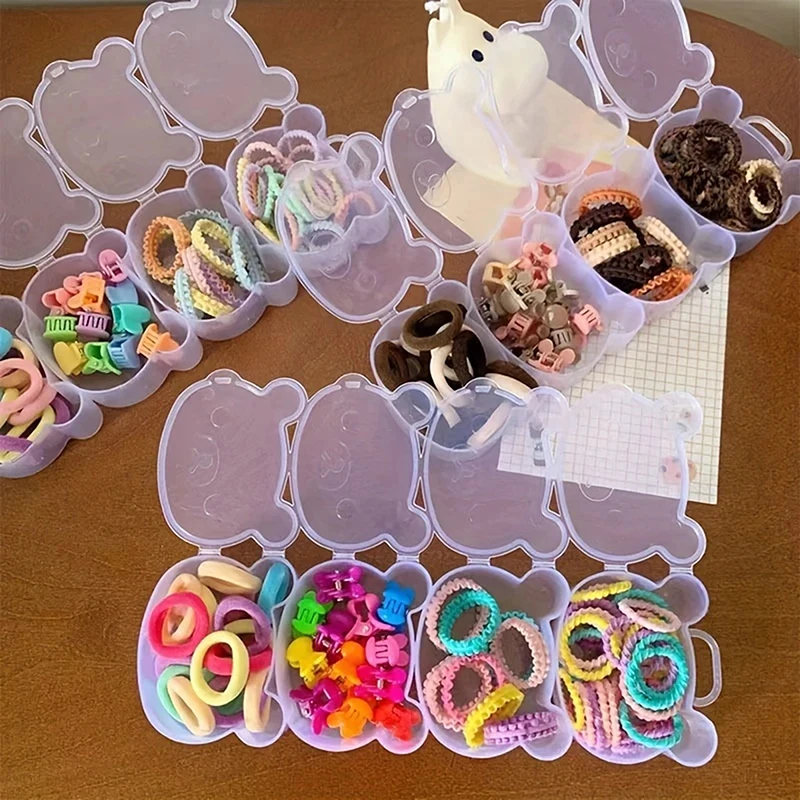 صندوق بلاستيكي حلق مجوهرات متعدد الشبكة تصنيف علبة التعبئة والتغليف شريط مطاطي دبوس الشعر أربع قطع صندوق تخزين الدب الشفاف