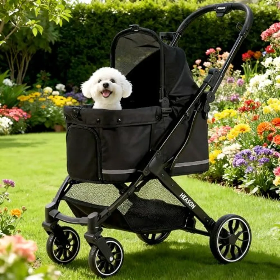 

Dog stroller for outdoor use, polyester fabric, black, waterproof rain cover and heavy-duty all-terrain wheels