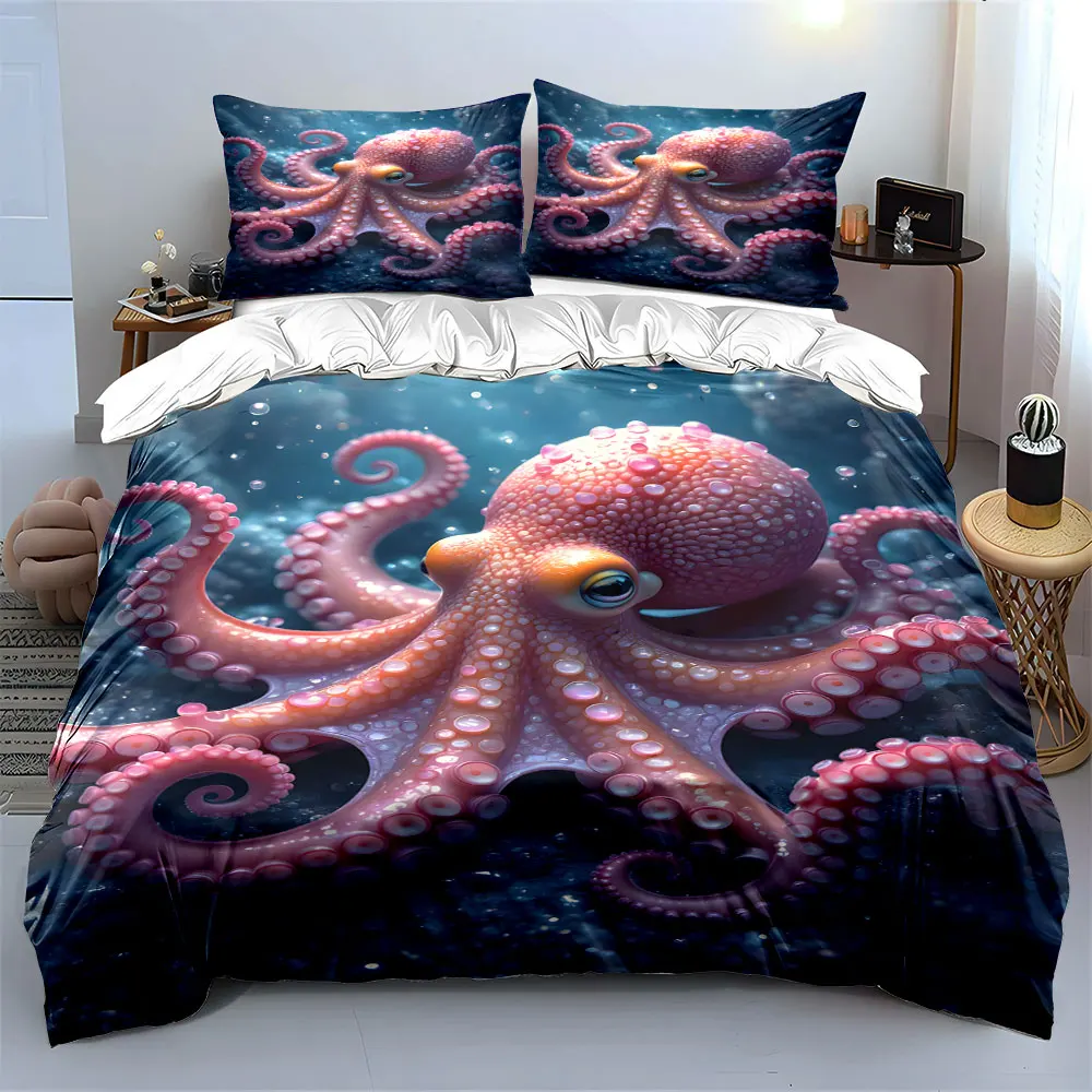 Lifelike pink octopus underwater Print Bedding Set 1 Duvet Cover 2 Pillowcases for Adult and Children Luxury Gift Full Size