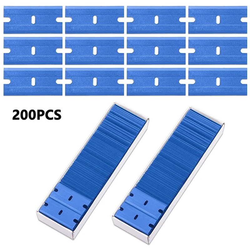 Juego de cuchillas de plástico de doble filo, juego de vidrio de seguridad con cuchillas de plástico, Kit para quitar etiquetas adhesivas, azul, 200 piezas