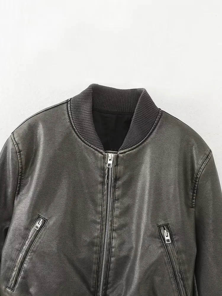 Jenny&Dave Boyfriend Style Zipper Casual Motorcycle Jacket For Women Tops American Vintage Distressed Leather Jacket
