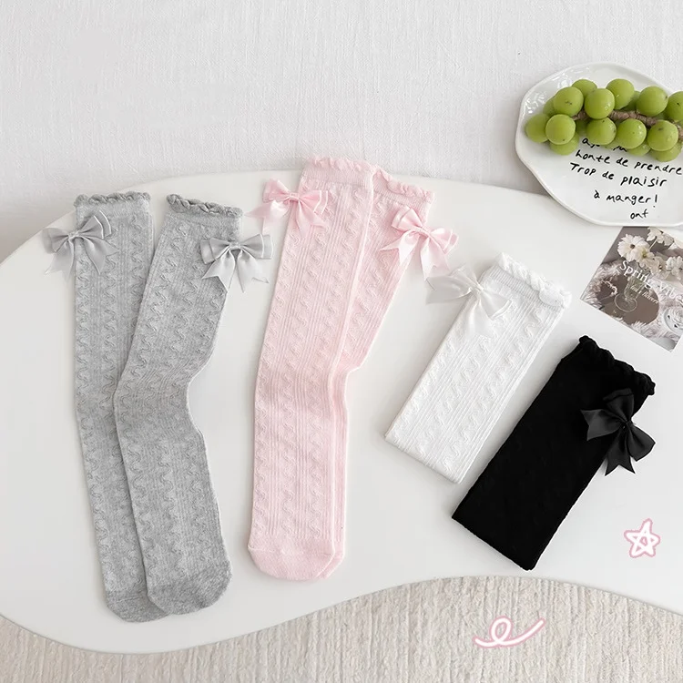 Lange Röhrensocken für Mädchen, Frühling/Sommer, dünne, gewellte Kniestrümpfe aus Baumwolle mit Schleife, süße Prinzessinnenstrümpfe – Detail 7
