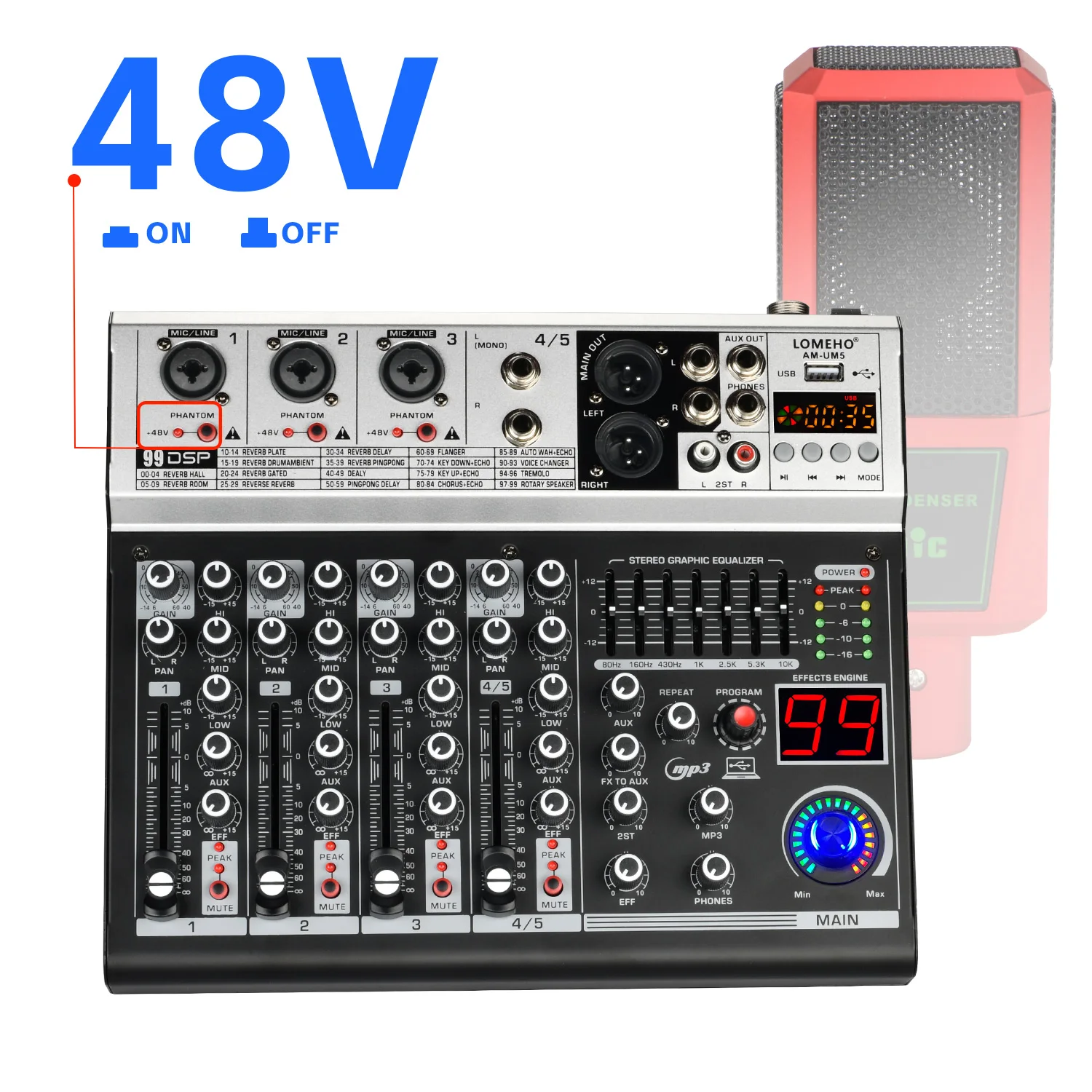 LOMEHO 99 Effect Sound Mixer 5 Channels Bluetooth USB PC Record 48V Remote Controller with 7 EQ for Party Theater Karaoke AM-UM5