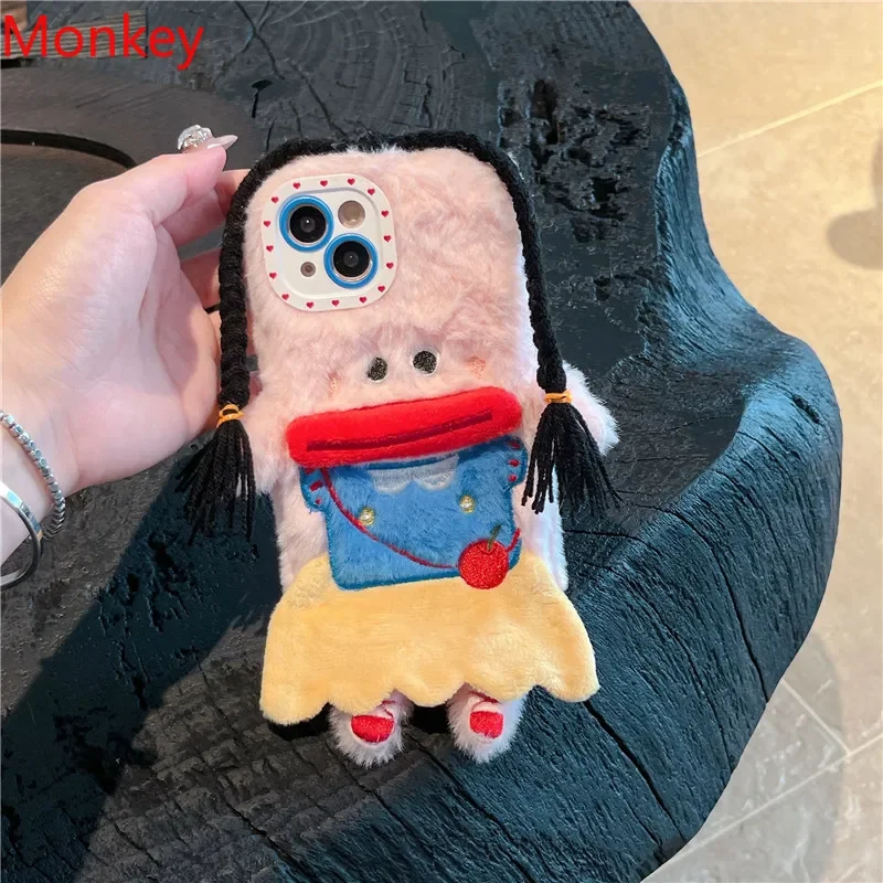 3D Cartoon Braided Girl Silicone Phone Case For iPhone 16 pro 15 Plus 14 13 12 11 Pro Max Cute Warm Fur Sausage Mouth Cover Gift