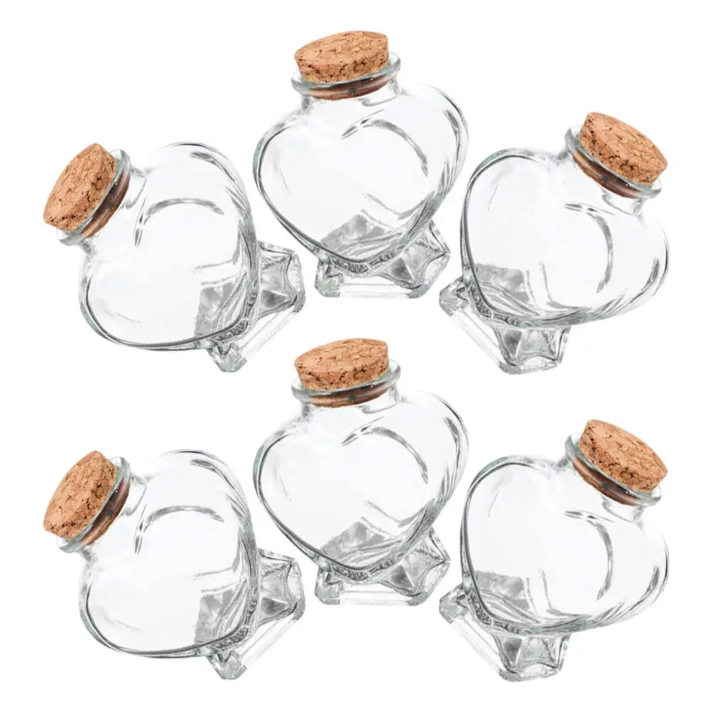 6Pcs Heart Shaped Glass Bottles with Cork Stoppers Mini Containers for DIY Crafts Candy Storage Wedding Favors Decor