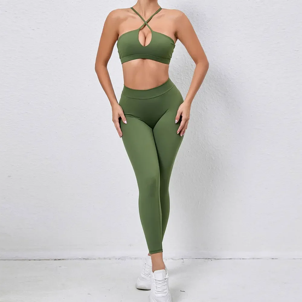 

Sports Set Women Clothes Fitness Outfit Rib Yoga Suit Cross Running Bra Without Pad With Workout Leggings Push Up Gym Sportswear